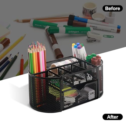 Comix Mesh Pen Pencil Holder Desk Organizer, 8 Compartment and 1 Drawer Wire Desktop Pen Pencil Cup Caddy Office Supplies Accessories for Home Office School, Black - color: 8 Compartments