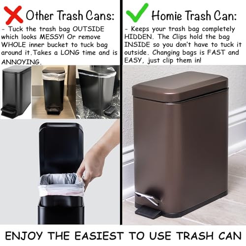 Homie Soft Close, Slim Trash Can 3.2 Gallon with Anti - Bag Slip Liner and Lid, Use as Mini Garbage Basket, Slim Dust Bin, or Decor in Bathroom, Restroom, Kitchen, or Bedroom (Bronze) - size: 3.2 Gallon