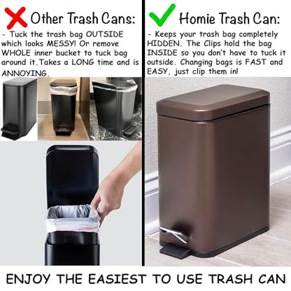 Homie Soft Close, Slim Trash Can 3.2 Gallon with Anti - Bag Slip Liner and Lid, Use as Mini Garbage Basket, Slim Dust Bin, or Decor in Bathroom, Restroom, Kitchen, or Bedroom (Bronze) - size: 3.2 Gallon