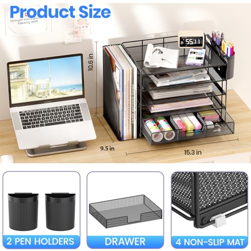 OPNICE Desk Organizer, 5-Tier Desktop File Organizer with Drawer and Pen Holders, Office Desk Accessories, File Sorters, Workspace Organizers for Office Supplies(Black) - color: Black, size: 5-tier