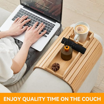 GEHE Bamboo Couch Cup Holder, Anti-Spill Sofa Arm Tray, Natural and Easy to Clean Couch Arm Cup Holder Armrest Tray Perfect for Cups, Beers, Snacks, Remote Control, Drinks - color: New Design-Bamboo