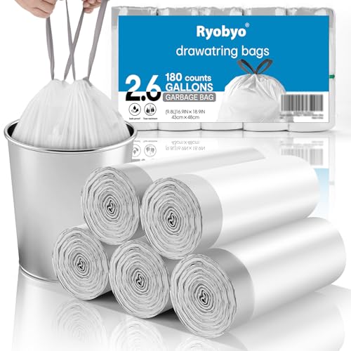 2.6 Gal Drawstring Small Trash Bags, 180 Ct Unscented for Bathroom | Milky White HDPE Film, 5-Roll 36-Bag Pack, Thick Cinch Closure, for Nursery, Dorm & Home, Pet-Friendly - size: 1 Count (Pack of 180), style: 2.6G-Drawstring-180 Counts