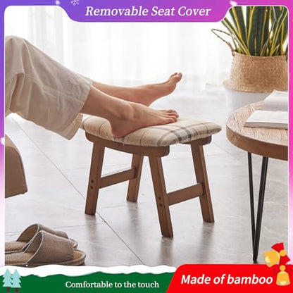 Kitsanery Foot Stool,Ottoman,Bamboo Small Sofa Foot Rest Under Desk,Extra Seating for Living Room, Bedroom and Kitchen (Brown Stool Legs - Stripes Surface) - color: Brown Stool Legs - Stripes Surface