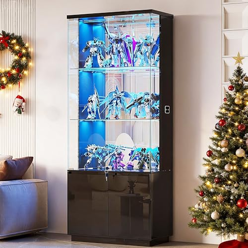 Lvifur 71” Glass Display Cabinet with Lights, Modern Curio Cabinet Display Cases for Collectibles, Locking Cabinet with Shelves & Drawers, Tall Bookcase with Human Body Sensor for Living Room (Black) - color: Black-71"