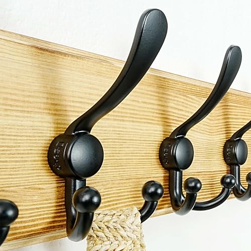 Dseap Coat Rack Wall Mount - Heavy-Duty Robust Rustic Wooden Wall Coat Hanger Hook Rail with 5 Triple Hooks for Winter Jacket & Hat Clothing, Light Brown & Black - color: Light Brown & Black, size: L=17.4"