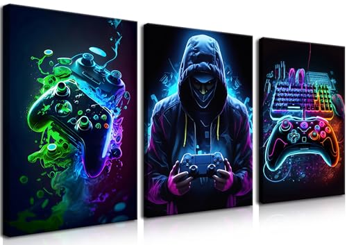 BGFCE Cool Gaming Canvas Wall Art Set of 3, Retro Video Game Watercolor Poster Pictures, Neon Gamepad Gamepad Painting Prints Game Room Bedroom Wall Decor 16x24 in Framed - color: Color Gamers, size: 24L" x 16W"