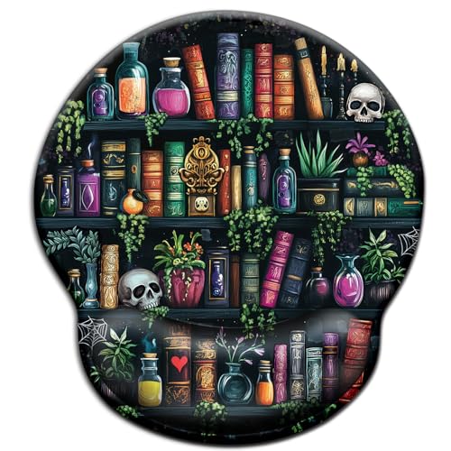 Mouse Pad with Wrist Rest, Goth Ergonomic Mouse Pads Wrist Support for Desk, Funny Skull Gothic Gaming Mousepad for Wireless Mouse Computer Work Home Desk Accessories Office Supplies Witchy Book - color: 0 Goth Bookshelf