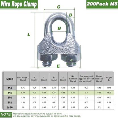 200PCS M5 Heavy Duty Wire Rope Clamps, 3/16-Inch Zinc Plated Wire Cable Clamps for Secure Connections – Boat, Tent, Clothesline, Rigging & More - size: M5-200PCS