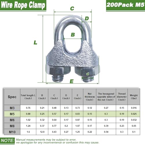 200PCS M5 Heavy Duty Wire Rope Clamps, 3/16-Inch Zinc Plated Wire Cable Clamps for Secure Connections – Boat, Tent, Clothesline, Rigging & More - size: M5-200PCS