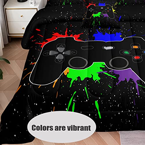 lris Bedding Boys Gamer Comforter Sets Twin Size for Kids Bedding,5 Piece Bed in a Bag Gaming Bedding Set,Boys Game Console Pattern Bed Set with Flat Sheet,Fitted Sheet,Cushion Cover,Pillowcases - color: A01 Black, size: Twin