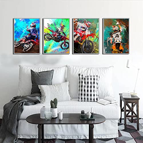 HUACANVASART Motorcycle and Racer Poster Wall Art Prints, Watercolor Abstract Motorcycle Racing Racer Art, Set of 4, 10x8 Inch, Unframed, Indoor, Living Room, Bedroom, Home Office, Kids Room