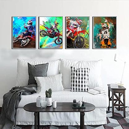 HUACANVASART Motorcycle and Racer Poster Wall Art Prints, Watercolor Abstract Motorcycle Racing Racer Art, Set of 4, 10x8 Inch, Unframed, Indoor, Living Room, Bedroom, Home Office, Kids Room