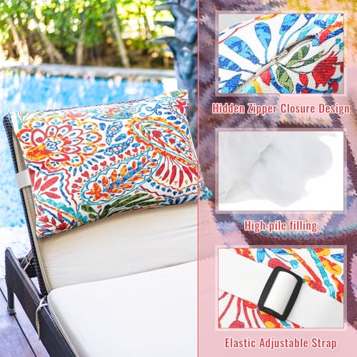 Juexica 2 Pack Chaise Lounge Pillow with Strap Outdoor Waterproof Beach Chair Neck Headrest Pillow Adjustable Elastic Band for Hammock Lumbar Recliner Pillows for Patio Pool Chair(Paisley) - style: Paisley