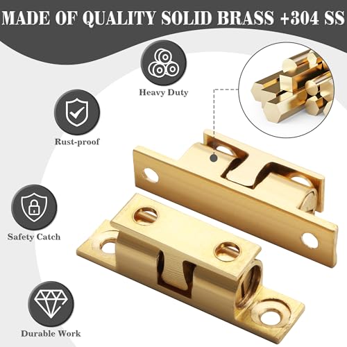 Alise Double Roller Catch Cabinet Latches,Adjustable Double Ball Tension Roller Catch Latch Brass Cabinet Door Latch,47mm Solid Brass Cabinet Latches and Catches,4 Pcs - color: Gold, size: 47mmX30mm