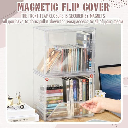 CroBlissful 2 Pack Stackable Clear Plastic CD/DVD Organizers Dustproof Magnetic Flip Cover Jewel Case Holders Media Storage Organizers Holds up to 40 CD Cases Per Organizer or 30 DVD Cases