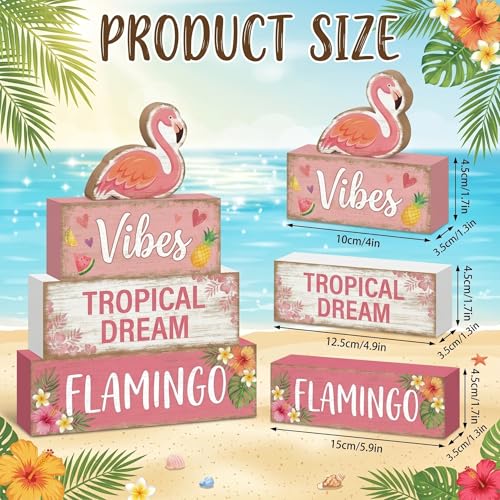 4 Pcs Summer Flamingo Room Table Decor Pink Flamingo Wooden Tiered Tray Decor Set Pink Tropical Summer Party Wooden Signs Shelf Sitter Pool Beach Theme Table Centerpieces for Home Decorations - style: Flamingo