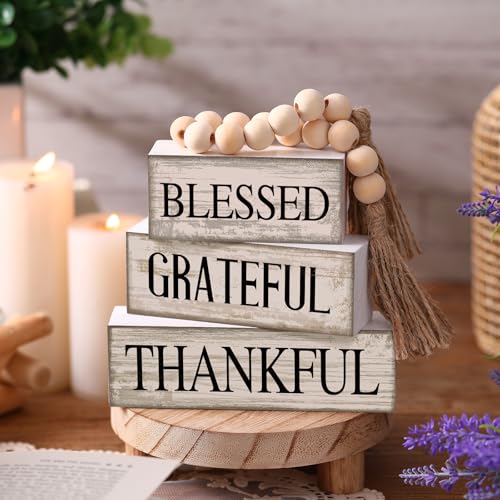 4 Pcs Farmhouse Wooden Tabletop Decor Neutral Farmhouse Tiered Tray Decor Rustic Retro Wood Bead Garland Blessed Grateful Thankful Block Sign Centerpiece for Coffee Home Office Shelf Mantle Table - style: Blessed