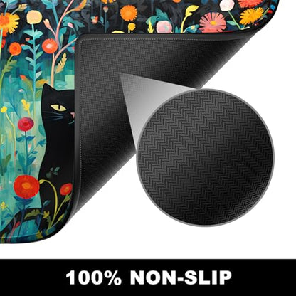 BOSOBO Large Desk Mat, XXL Gaming Mouse Mat, Full Cover Desktop 31.5 x 11.8 Inches, Black Cat GreenFolwers - color: Black Cat and Folwers, size: XL - 31.5 x 11.8 Inches