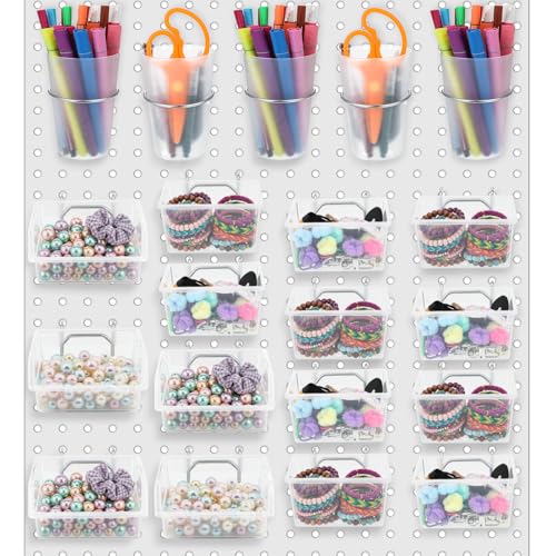 20 Pcs Pegboard Organizer Accessories Clear Peg Board Bins and Cups with Hooks and Loops Kit Pegboard Baskets Set for Craft Room Garage Workshop Workbench Office