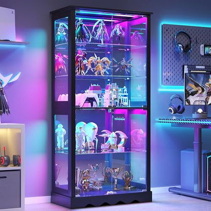 Dystler Display Cabinet with RGB LED Lights & Glass Doors, 5-Tier, Black | Human Sensor Lighting, Flexible Storage with Adjustable Shelves, Modern Design Curio Cabinet - color: Pure Black