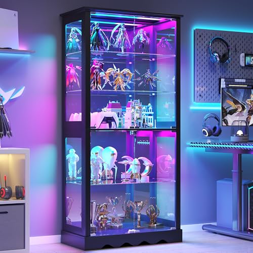 Dystler Display Cabinet with RGB LED Lights & Glass Doors, 5-Tier, Black | Human Sensor Lighting, Flexible Storage with Adjustable Shelves, Modern Design Curio Cabinet - color: Pure Black