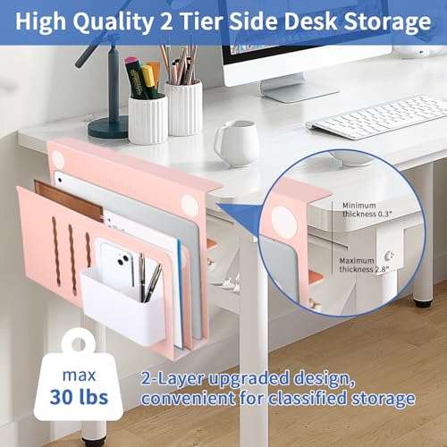 LUKETURE Desk Side Storage, 2 Tie Laptop Holder No Drill Clamp On Organizer | Sturdy Steel Double Tier Strong, Magnetic Pen Holder, No Drill Clamp for Standing Desk Organizer, Fits 0.3-2.8" - color: Pink, size: L(2 Tier)
