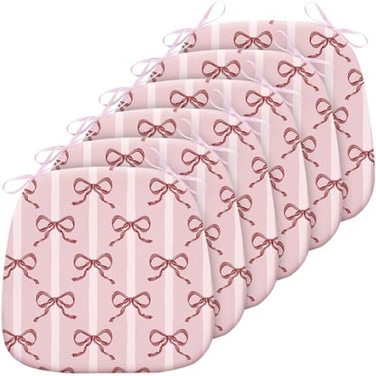 6 Pack Pink Bow Chair Cushions for Dining Chairs 17" x 16" x 2" D-Shaped Breathable Linen Kitchen Chair Pads with Ties Washable Non Slip Seat Cushion for Dining Kitchen Office Indoor - style: Bow