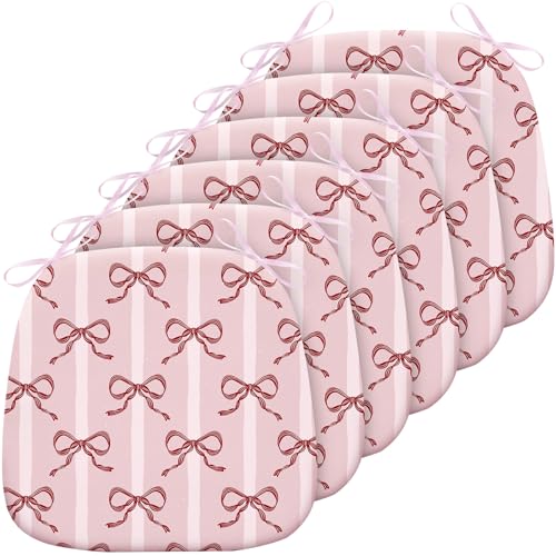 6 Pack Pink Bow Chair Cushions for Dining Chairs 17" x 16" x 2" D-Shaped Breathable Linen Kitchen Chair Pads with Ties Washable Non Slip Seat Cushion for Dining Kitchen Office Indoor - style: Bow