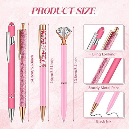 Sabary 8 Pcs Pink Pens with Pen Holder for Desk Glitter Crystal Diamond Cute Ballpoint Fancy Pencil Holder Bling Desk Organizer for Women Girls School Office Supplies Wedding Graduation Gifts - color: Pink