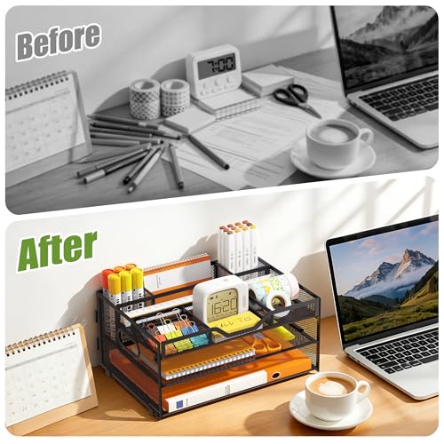 3 Tier Desk Orgnizers and Accessories, Metal Magazine File Holder with Pencil Holder and Handles, Space Saving Desk File Trays for School Office Supplies(Black) - color: 3-tier-black