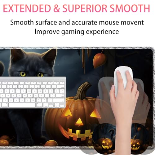 Large Gaming Mouse Pad + Mouse Wrist Rest Pad + Coaster Combination, 31.5 "x 11.8" Durable Non-Slip Extension Table Mat, Suitable for Office and Home, Halloween Black Cat - color: Halloween Black Cat