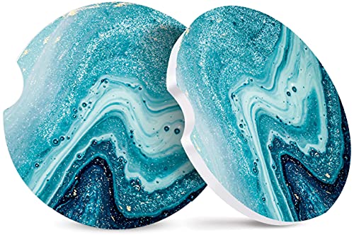 Car Coaster for Cup Holders, 2 Pack Absorbent Ceramic Car Cup Holder Coaster for Drinks, Cute Car Assecories for Women&Men, 2.56" Universal Size with Finger Notch & Cork Base - color: Bleautiful Sea