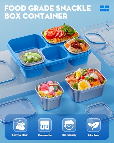 BiuLeon Snackle Box Containers, Stainless Steel 5 Compartments Divided Serving Tray with Lid, Removable LeakProof Portable Bento Box for Fruit Candy Nuts Food - School, Picnic and Travel（Blue） - color: Blue
