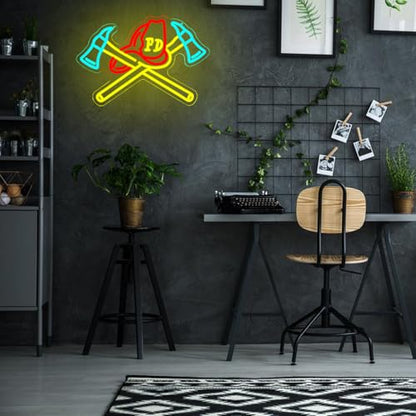 Firefighter Helmet Neon Sign Firefighter Hat LED Light Axe Wall Art for Rescue Room Firefighter Hat Sign for Fire Department Bedroom Fire Station Bushiness Shop Beer Bar Man Cave - style: firefighter helme