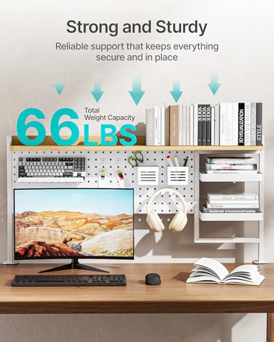 PEGZONE Clamp on Desk Shelf, 44" Desktop Shelving System, White | with Pegboard and Accessories, Desktop Organizer with 2-Tier Shelf, Desk Pegboard for Gaming Office - color: White