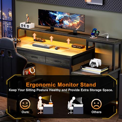REAHOME 61 Inch Gaming Desk with Charging Station and LED Lights, Reversible Computer Desk with Storage Drawer and Monitor Stand, Modern Desk Table with File Cabinet & Side Pocket, Grey Oak - color: Grey Oak