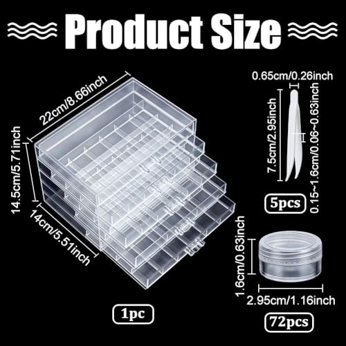 TWINKLEMON 5-Layer Plastic Compartment Storage Box Nail Charm Organizer Box with 5 Drawers 72 Small Round Jars 5 Tweezers Transparent Organizer for Crafts Art Supply Nail Tip Bead Earring Ring