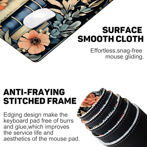 Books and Flowers Gaming Mouse Pad 35.4 x 15.7 Inches with Non-Slip Rubber Base, Smooth Cloth Surface Desk Keyboard Mat for Computer, PC, Laptop, Desktop - color: Books and Flowers