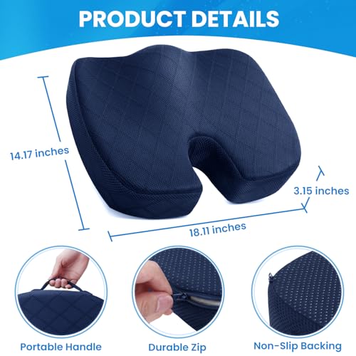TushGuard Seat Cushion - Memory Foam Cushion for Office Chair, Car Seat, Airplane, Bleacher - Sciatica & Coccyx Pain Relief Desk Chair Cushion for Long Sitting Office Workers, Car Drivers(Blue) - color: Blue, size: Large
