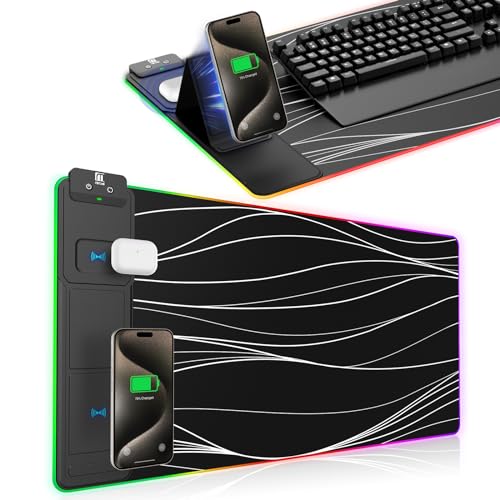 XXL Mouse Pad with Phone Holder - Black, RGB Desk Mat with 15W Fast Charging, LED Gaming Mousepad with 11 Light Colors, Waterproof Non-Slip Pad for Office & Home (Wave) - color: Wave