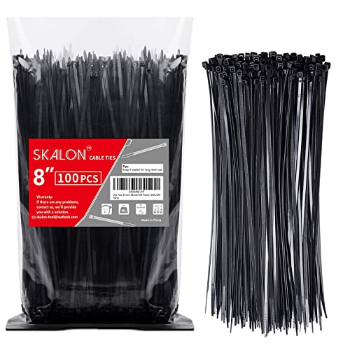 Zip Ties 8 inch (100 Pack), 40lbs Tensile Strength, Black Cable Ties, Wire Ties for indoor and outdoor use, by Skalon - size: 8"(100 Pack)