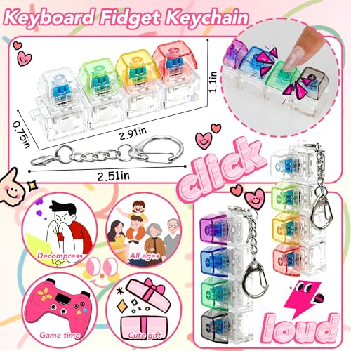 2 PCS 4-in-1 Keyboard Fidget Toy Keychain, Finger Clicky Button Toy Stress Relief Keychain with Swappable Keycaps, Mini Mechanical Key Fidget for Office Desk Focus Gifts (Mix Transparent) - color: Mix Transparent