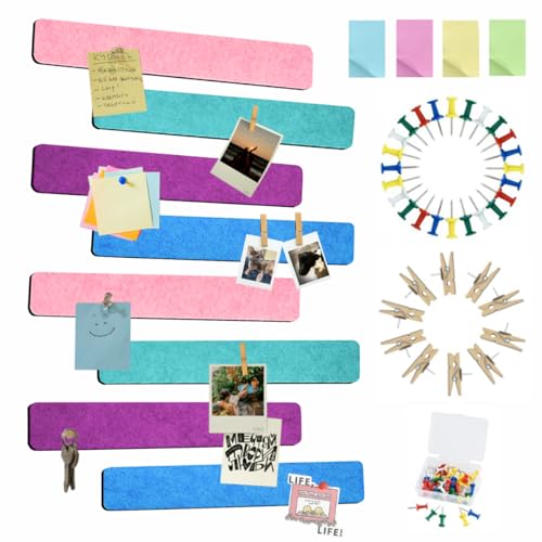 Vuzvuv 8 pcs Bulletin Board Bar Strips with 50 Pushpins & 10 Wooden Clip pins，Self Adhesive Cork Board for Wall，Felt Pin Board for School，Office Decor(Green Blue Pink Purple) - color: Green Blue Pink Purple
