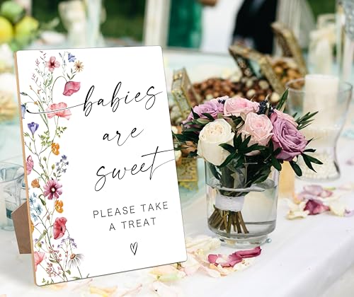 Babies Are Sweet Sign, Flowers Baby Shower Table Signs, Centerpieces for Tables, Gender Reveal Gifts Ideas, Boho Wooden Sign with Stand for Gender Reveal Party and Baby Shower Activities, 16 - color: Babies are16