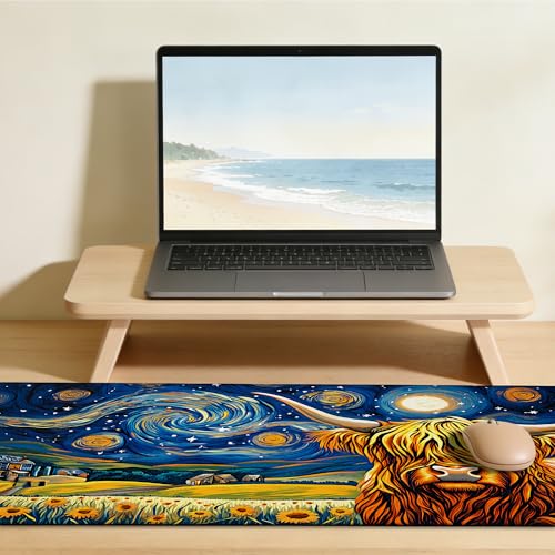 Highland Cow Starry Night Gaming Mouse Pad Large Desk Mat Extended Keyboard Anime Mousepad with Non-Slip Base and Stitched Edge for Desk Home Office Gaming,31.5 x 11.8 Inch - color: Highland Cow Starry Night, size: 11.8*31.5inch
