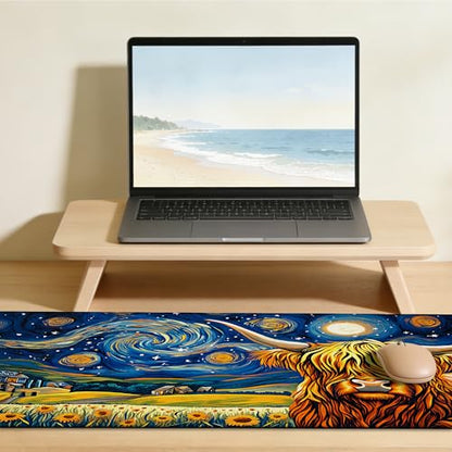 Highland Cow Starry Night Gaming Mouse Pad Large Desk Mat Extended Keyboard Anime Mousepad with Non-Slip Base and Stitched Edge for Desk Home Office Gaming,31.5 x 11.8 Inch - color: Highland Cow Starry Night, size: 11.8*31.5inch