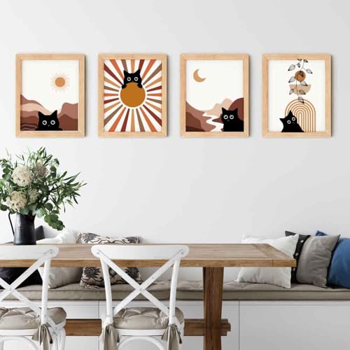 4Pcs Boho Aesthetic Minimalist Black Cat Wall Poster Decor Gifts for Lovely Cat, Farmhouse Geometric Hanging Wooden Wall Art, Mid Century Bohemian Abstract Moon and Sun Wood Sign, 8" X 10"Unframed