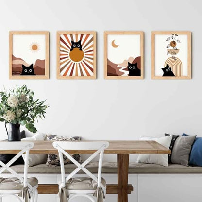 4Pcs Boho Aesthetic Minimalist Black Cat Wall Poster Decor Gifts for Lovely Cat, Farmhouse Geometric Hanging Wooden Wall Art, Mid Century Bohemian Abstract Moon and Sun Wood Sign, 8" X 10"Unframed