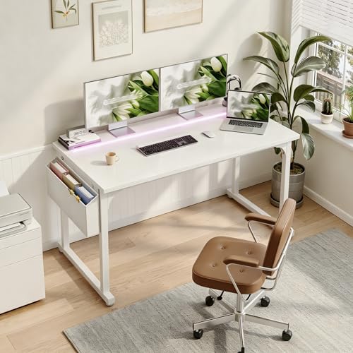 DurayLoly 48 Inch Computer Desk with LED Lights for Home Office,Bedroom Study Desk for Teens, Sturdy Metal Frame,Headphone Hook & Storage Bag,Small Space Design,White - color: White, size: 48 Inch