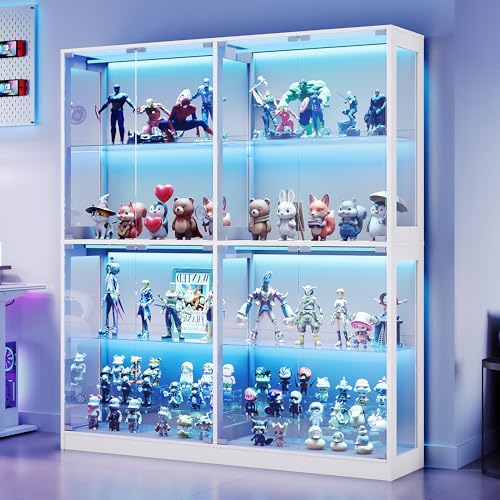 AMERLIFE RGB Display Cabinet with Adjustable Glass Shelves, 4-Tier Storage Case with LED Lights & Press-to-Open Doors, Modern Display Shelf for Collectibles, White 70" H×60" L×16" D - color: White, size: 60×16×70in